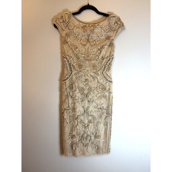 Theia Silvia Bateau Beaded Midi Dress Tan Metallic Sample Size 0  $845 [jb] - Picture 8 of 12